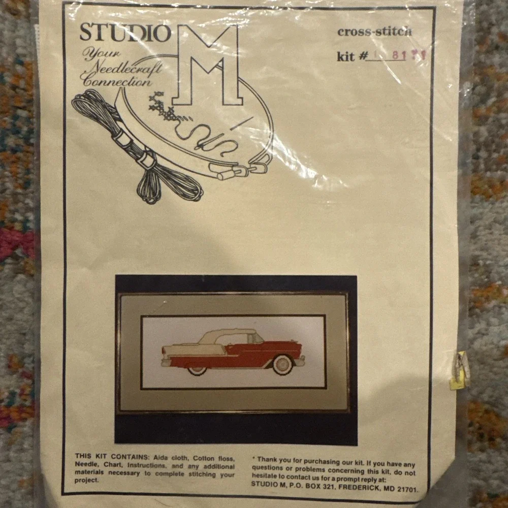 Vintage Studio M Red 1955 Chevy Cross Stitch Kit #118171 Made In USA 15x6